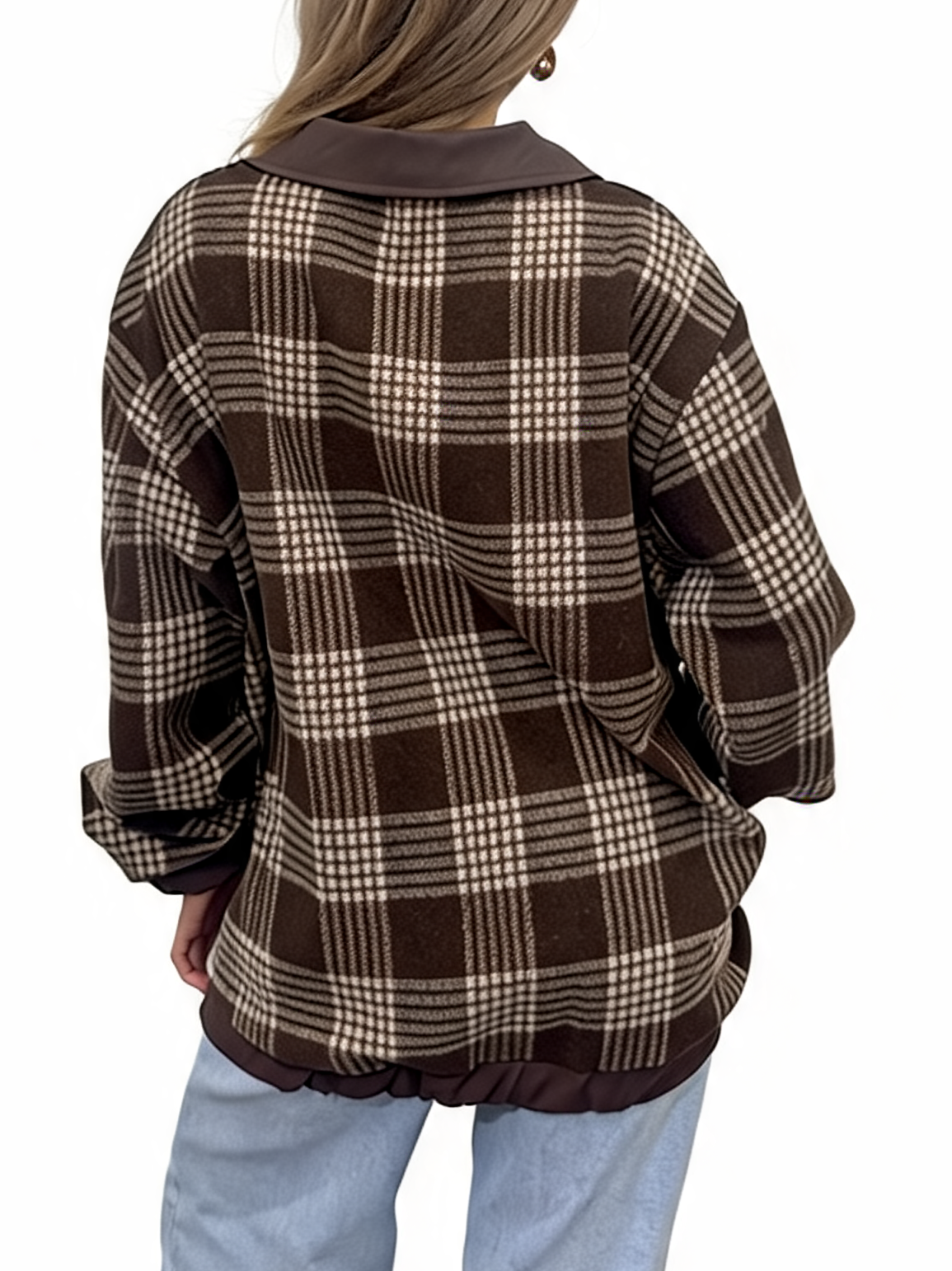 Oversized Check Zip-Up Plaid Collared with Contrast Trim Bomber Jacket