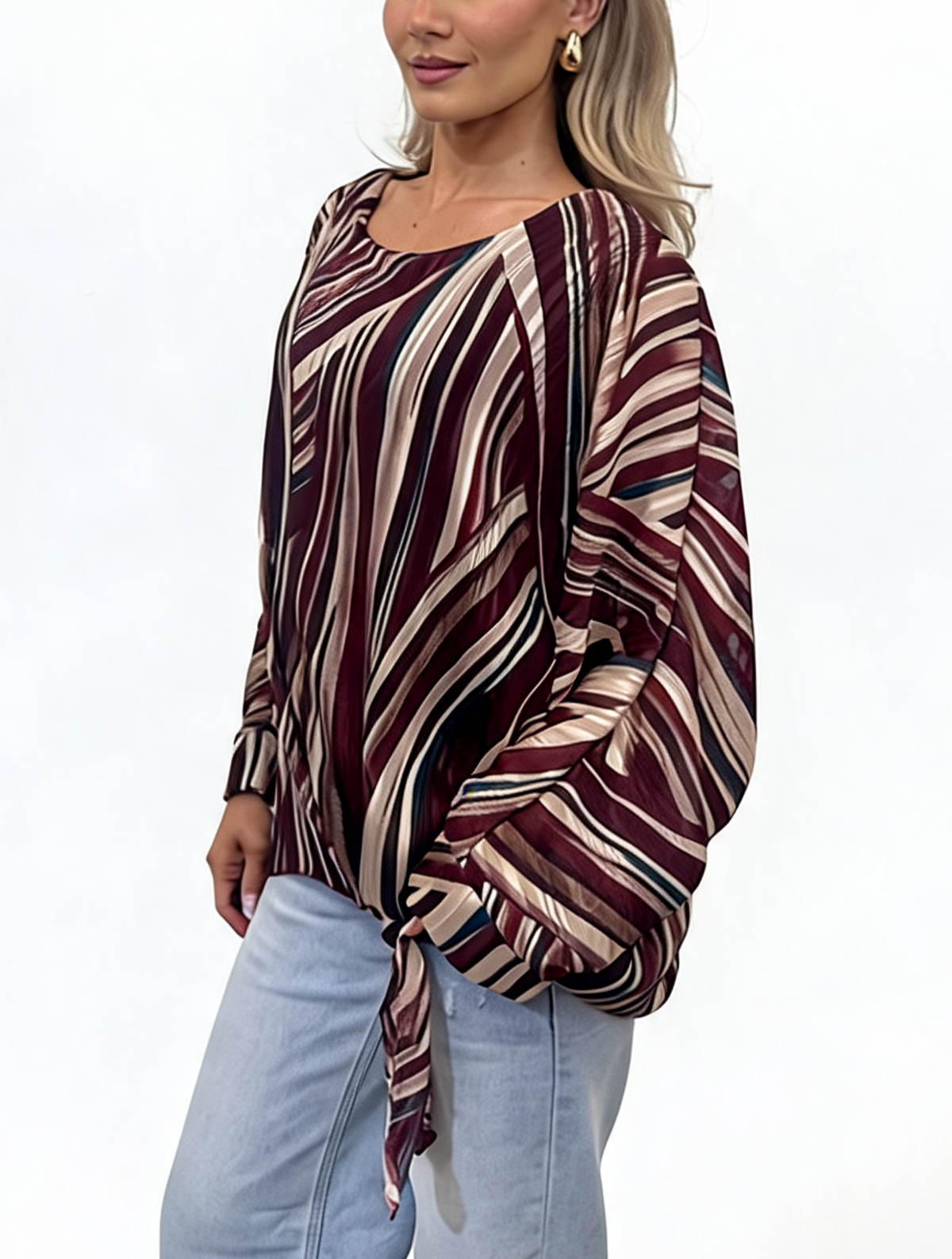Multi-Stripe Print Tie-Front Long Sleeve Twist Hem Top