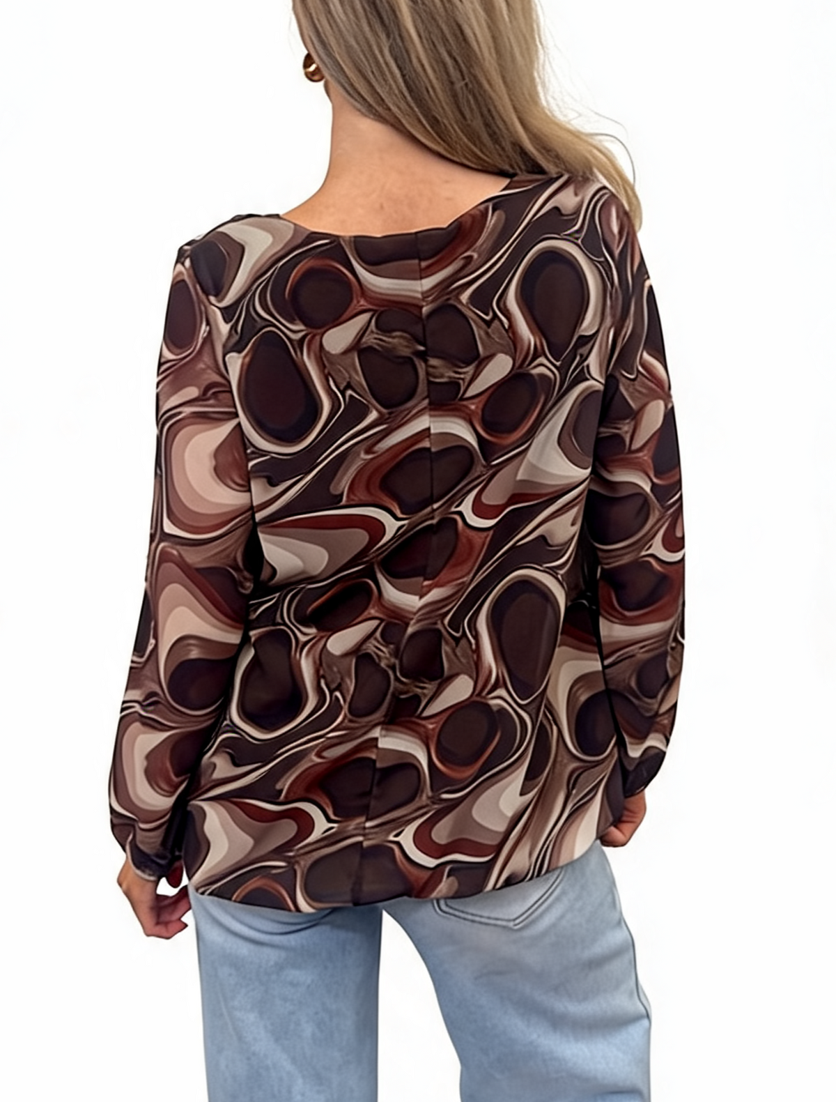 Abstract Swirl Print Pleated Front Blouse with Elasticated Cuffs and Bubble Hem