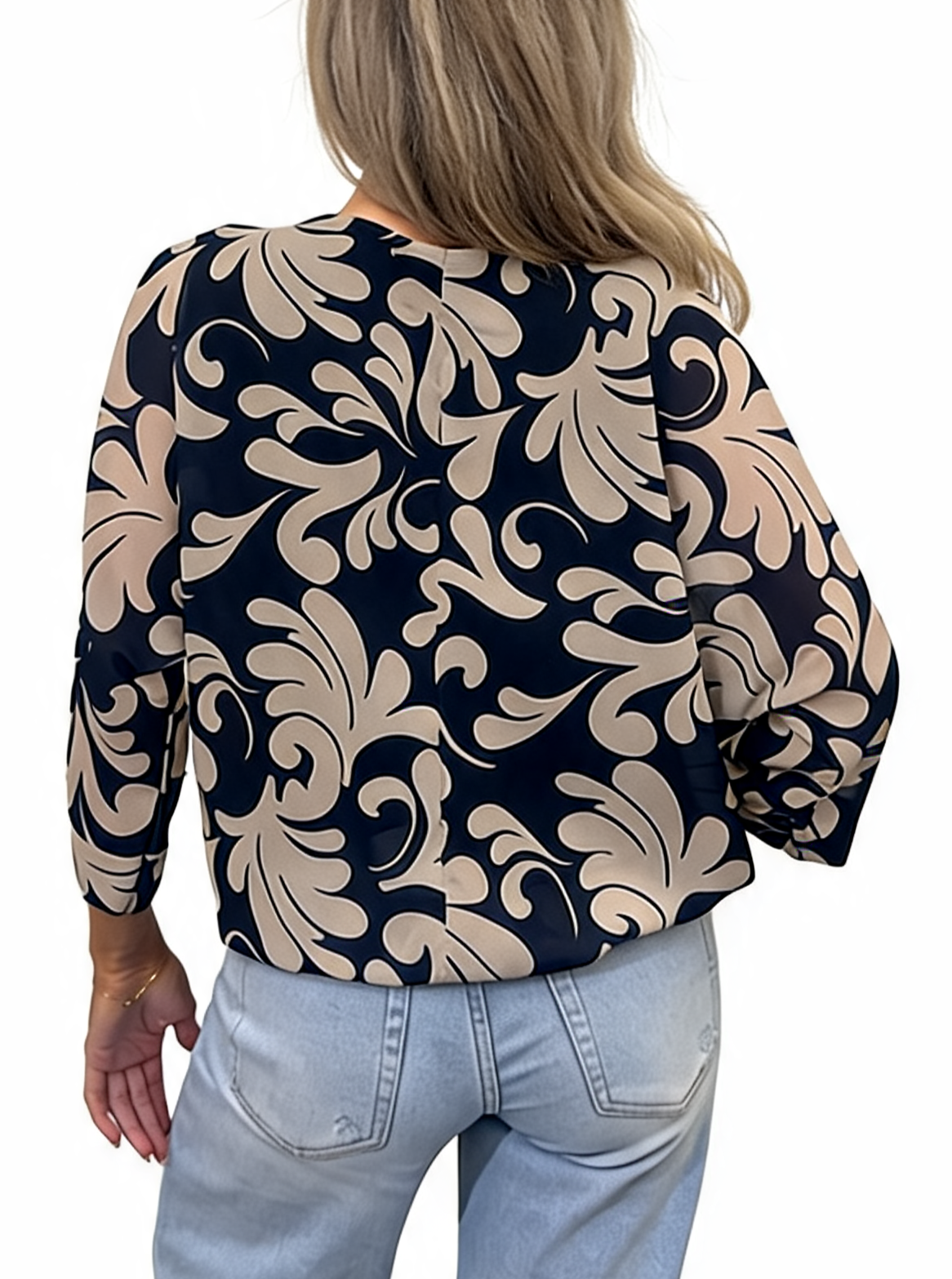 Baroque Scroll Print Tie-Hem Relaxed Batwing Sleeve with Side Knot Detail Blouse