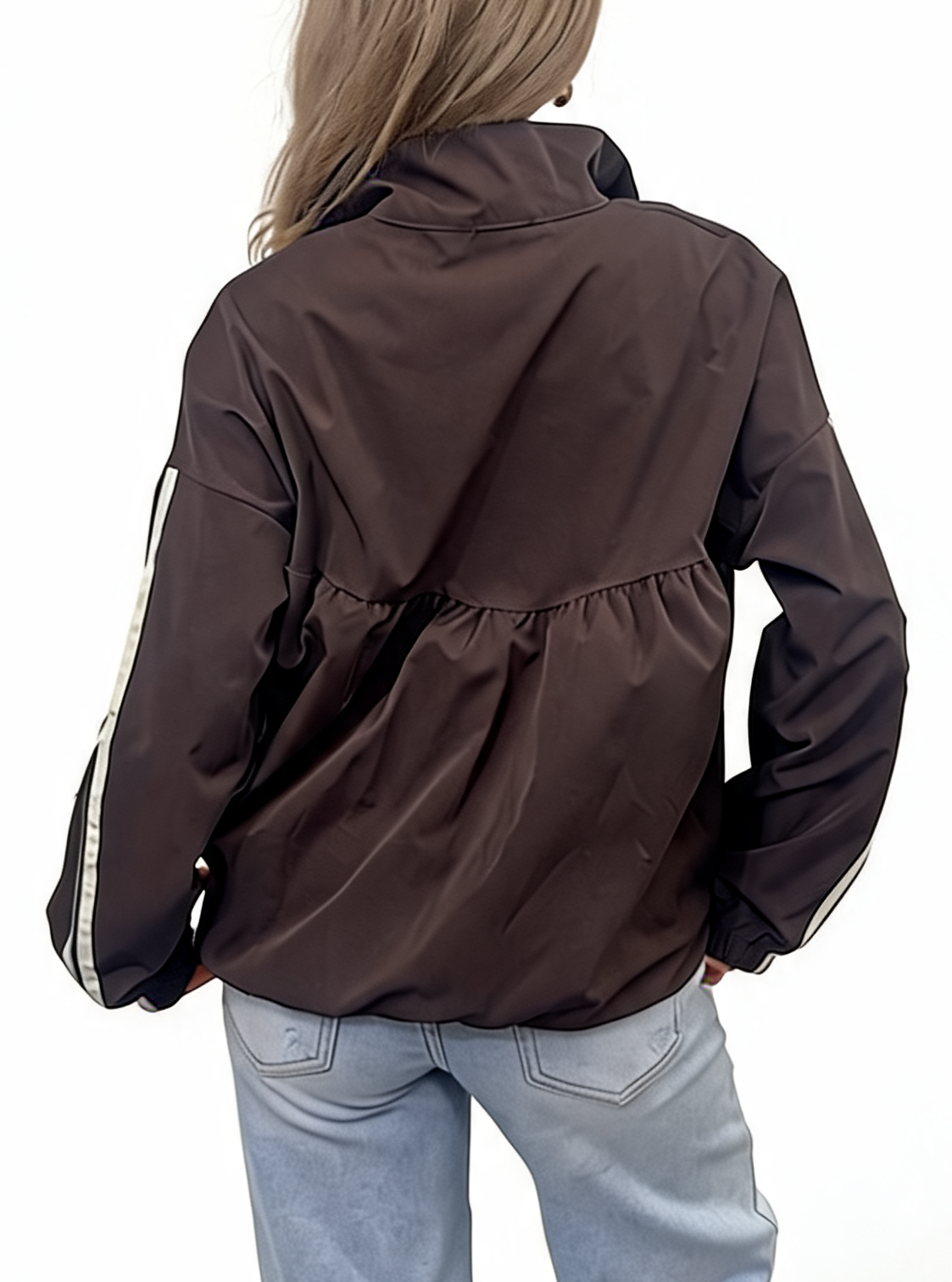 Oversized Gathered Zip-Up Lightweight Funnel Neck Track Jacket with Side Stripe