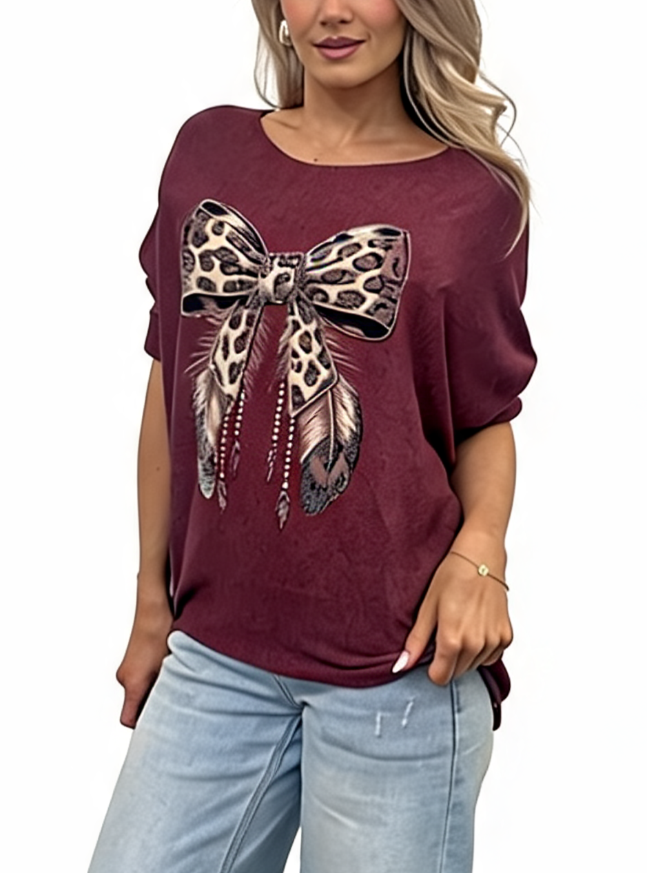 Leopard Print Bow Graphic Relaxed Batwing Sleeve Tee with Feather and Bead Detail