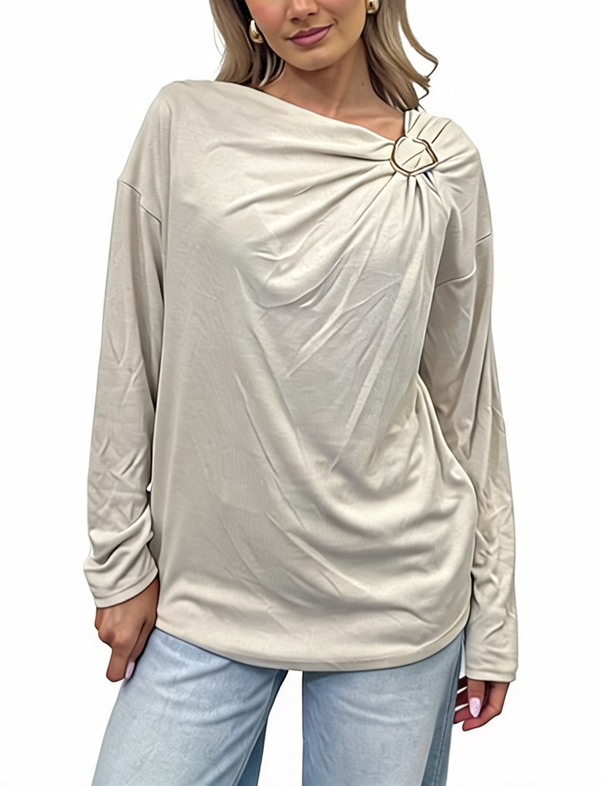 Asymmetric Draped Long Sleeve Top with Gold Ring Detail and Dropped Shoulders