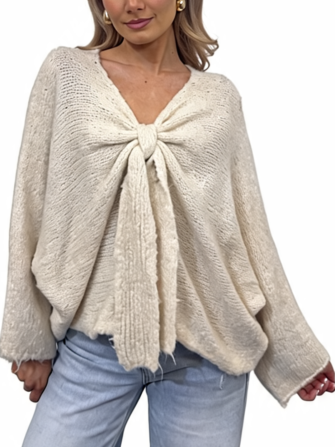 Oversized Tie-Front Knit Batwing Sleeve with Raw Frayed Cuffs Jumper