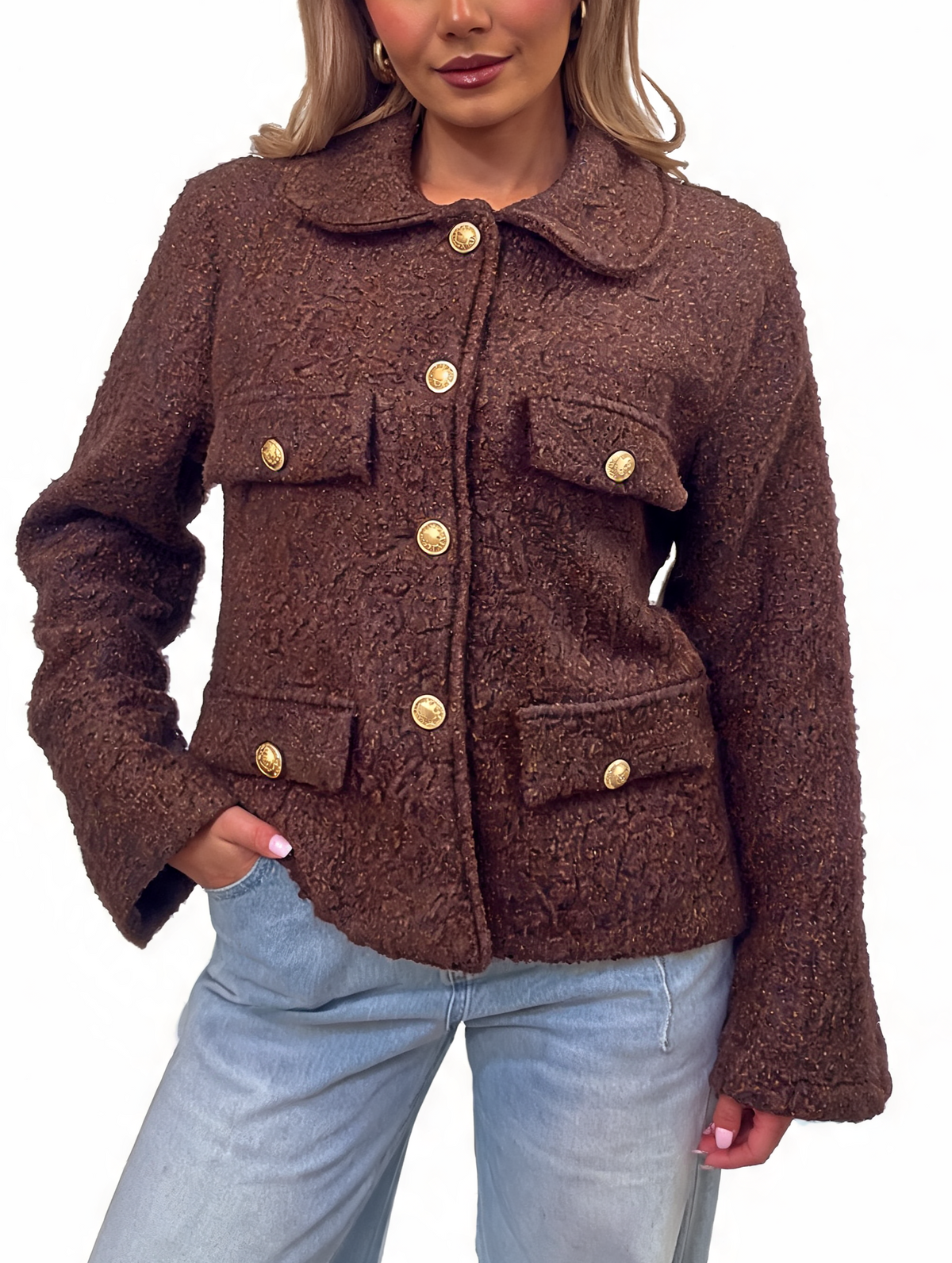 Textured Bouclé Button-Up Jacket with Gold-Tone Buttons
