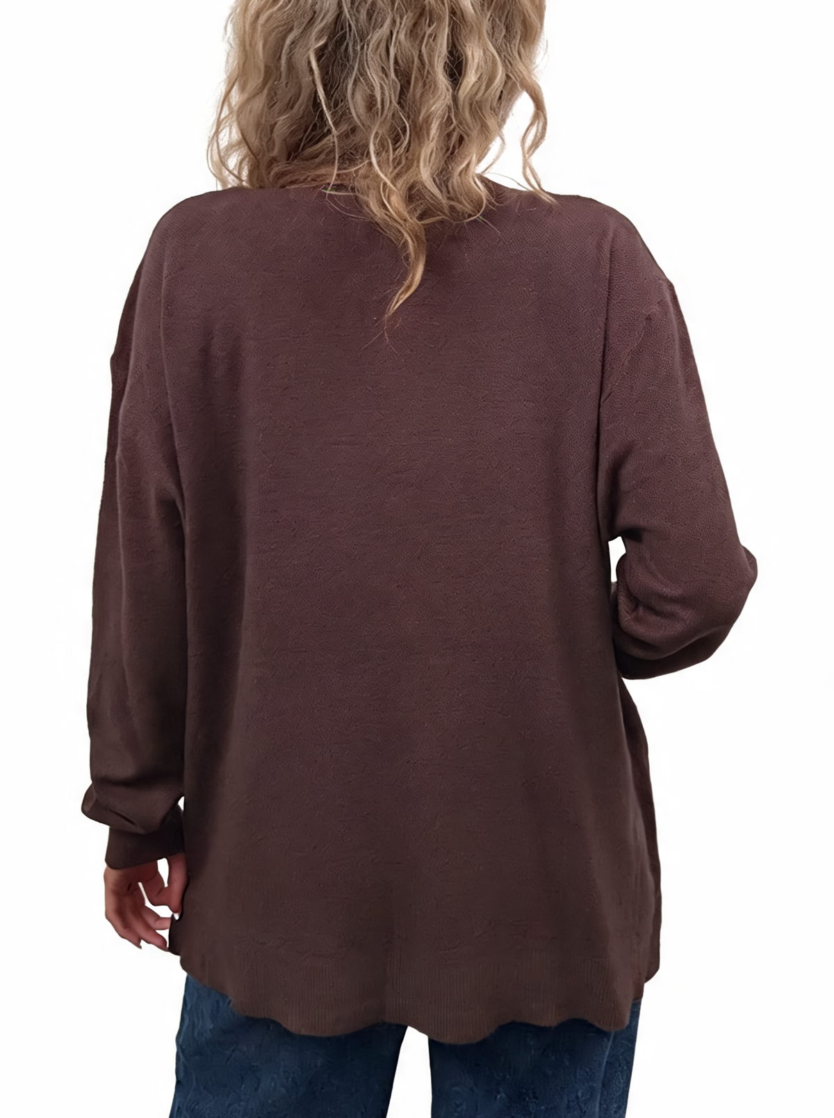 Plum V-neck jumper with sparkle trim detail at neckline, three-quarter sleeves (back).