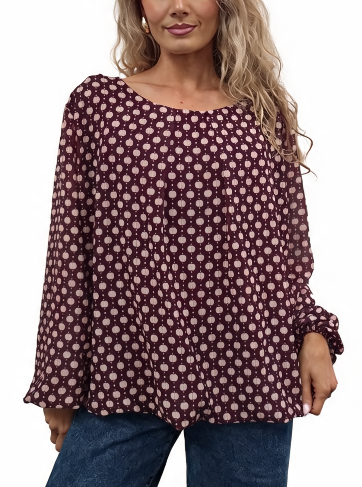 Burgundy printed chiffon blouse with dot pattern and balloon sleeves