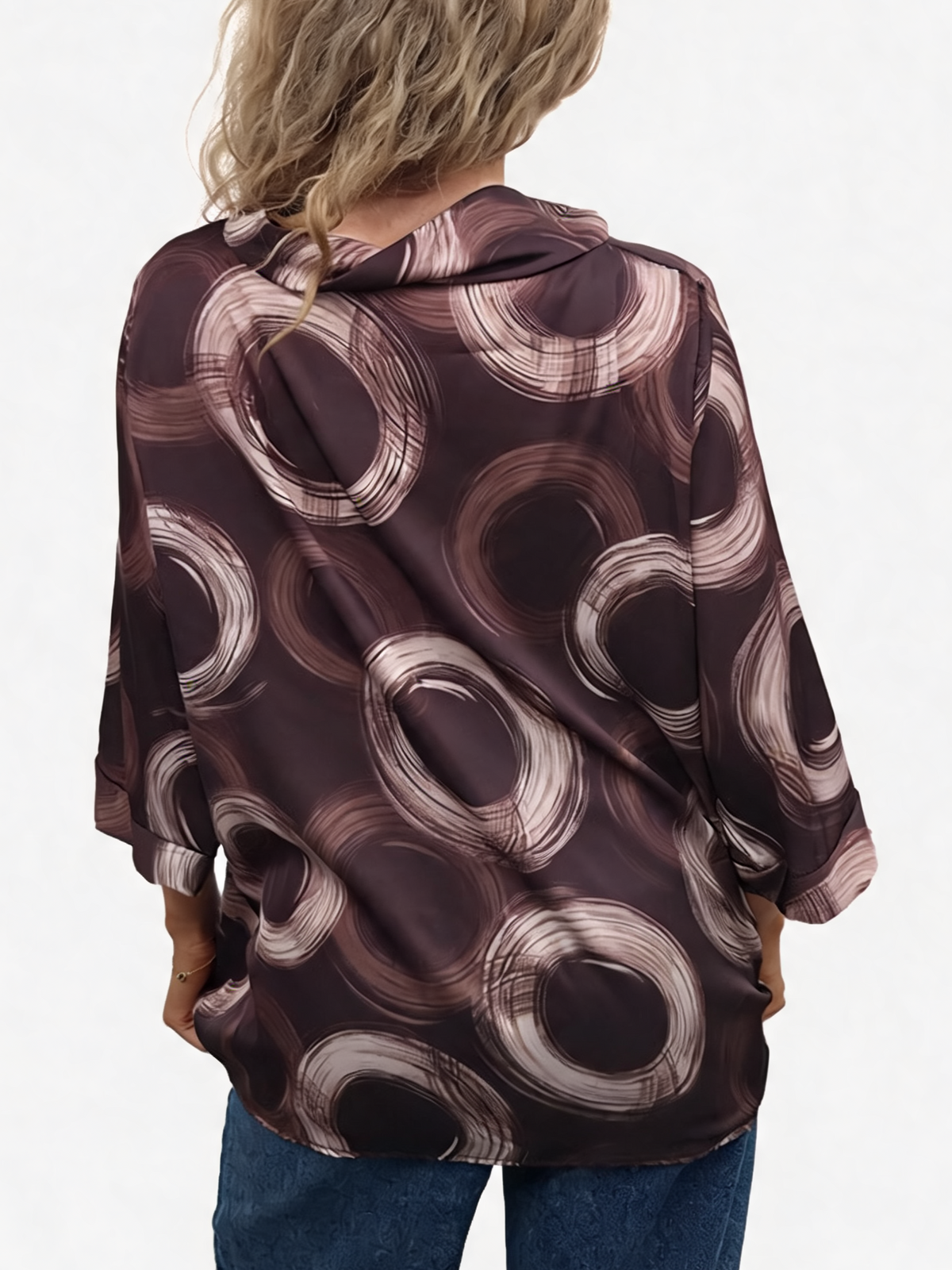 Oversized Brushstroke Circle Print Cowl Neck Top with 3/4 Sleeves & Satin-Feel Finish Blouse