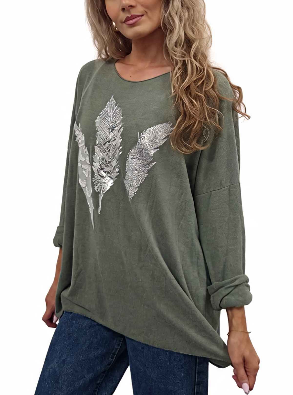 Oversized Metallic Feather Print with Foil Feather Design Jumper