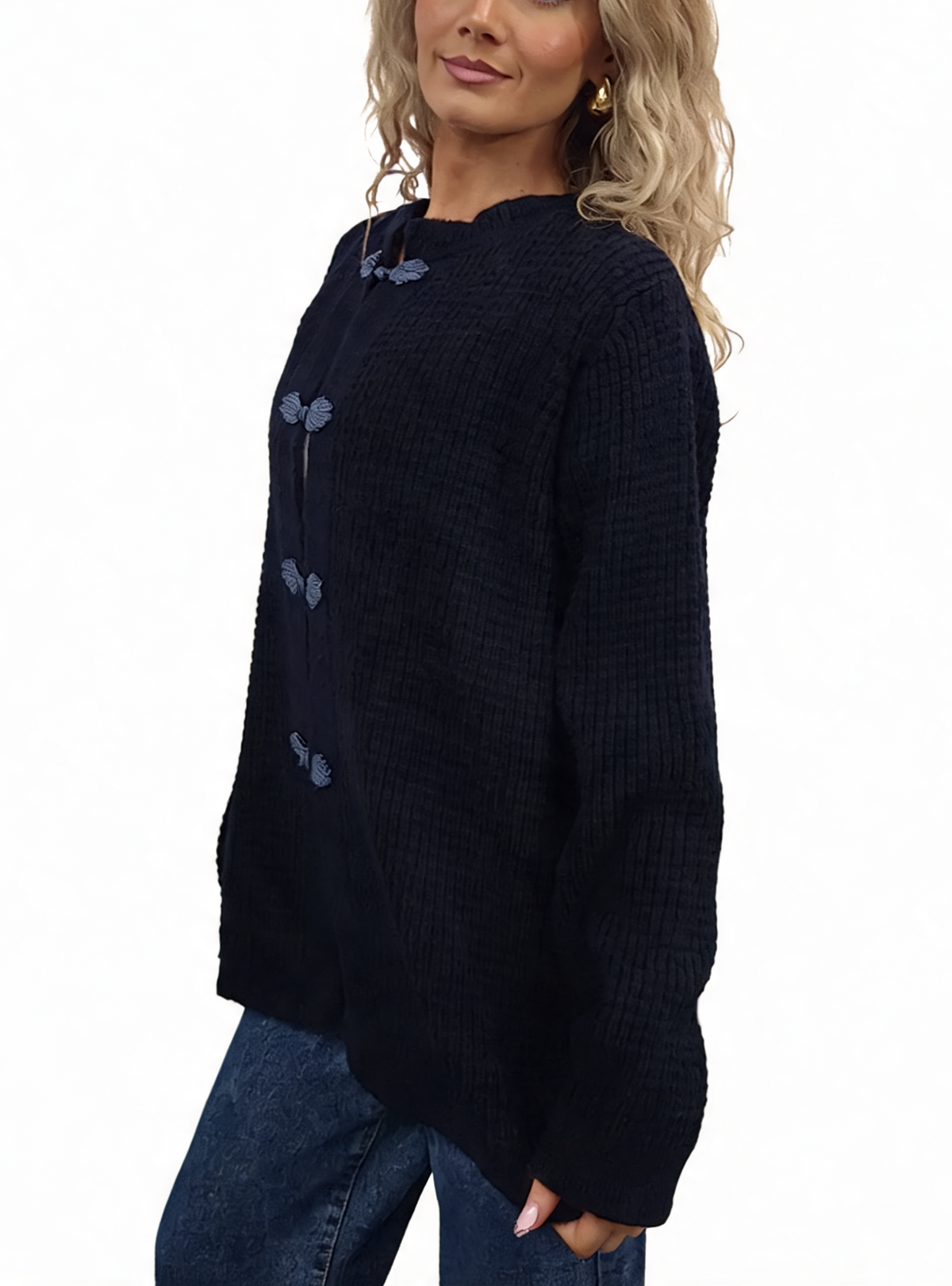 Navy chunky waffle-knit cardigan with frog button detailing and long sleeves