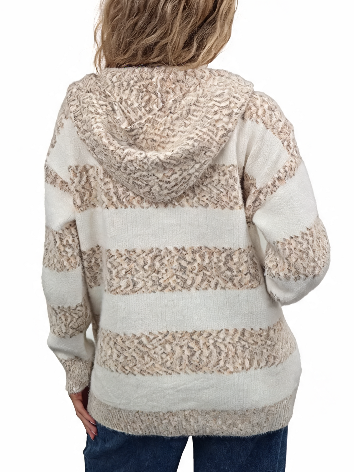 Cream knit hoodie with tan striped bands and hood, kangaroo pocket, back view