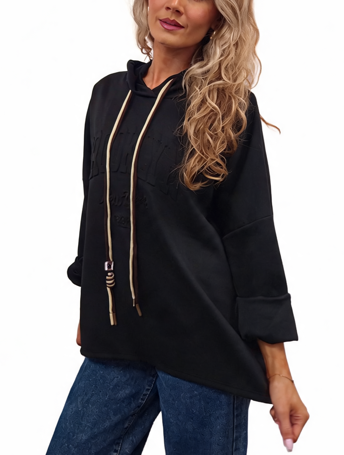 Black oversized hooded sweatshirt with embossed 'Brooklyn New York' and contrast drawstrings
