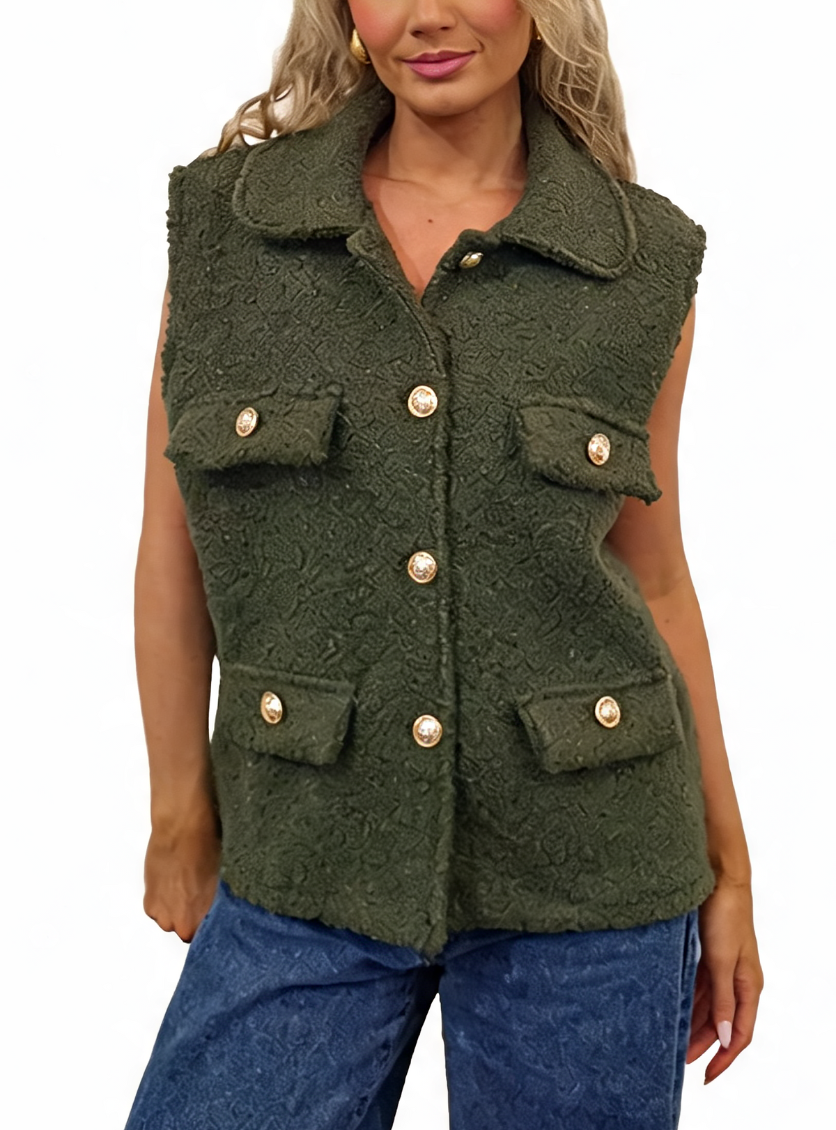Dark green textured boucle sleeveless gilet with collar, four flap pockets, gold buttons