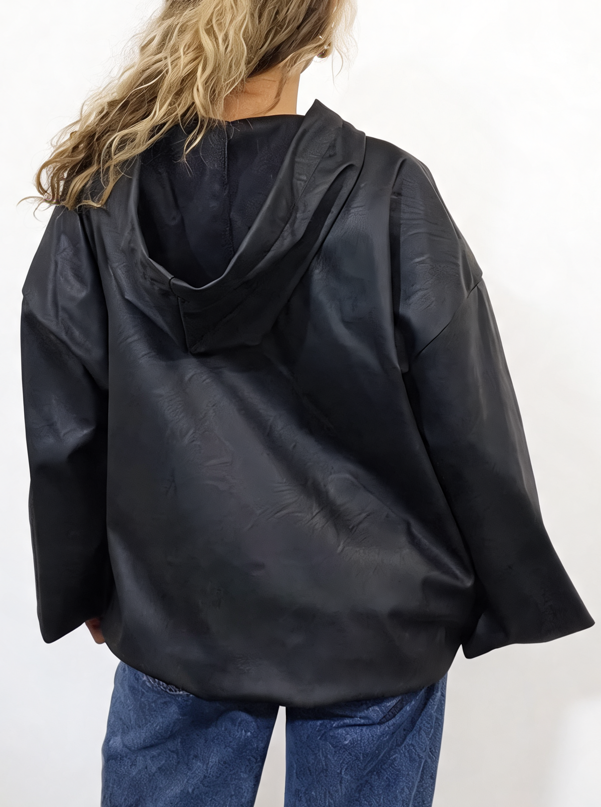 Faux Leather Hooded Zip-Up Balloon Sleeve Bomber Style Jacket