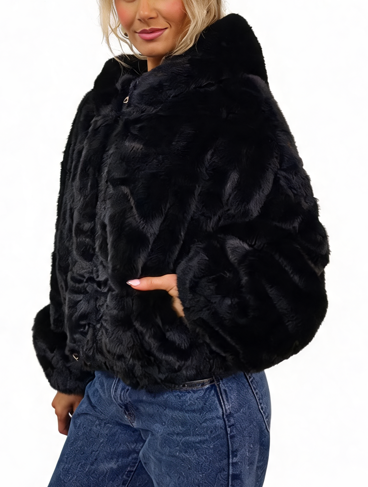 Cropped Faux Fur Hooded Jacket Fluffy Plush Zip-Up Bomber Style Teddy Coat