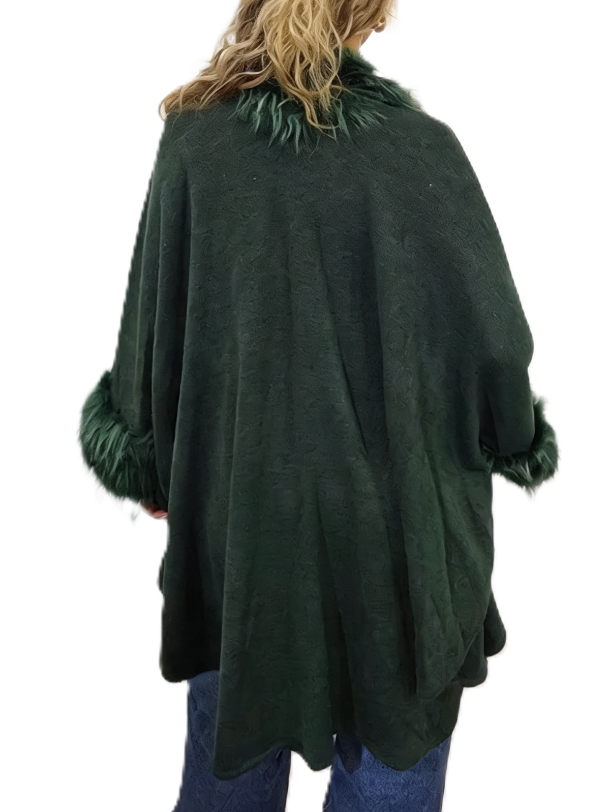 Oversized Faux Fur Trim Cape Open Front Poncho Wrap Shawl Cloak with Fluffy Collar and Cuffs