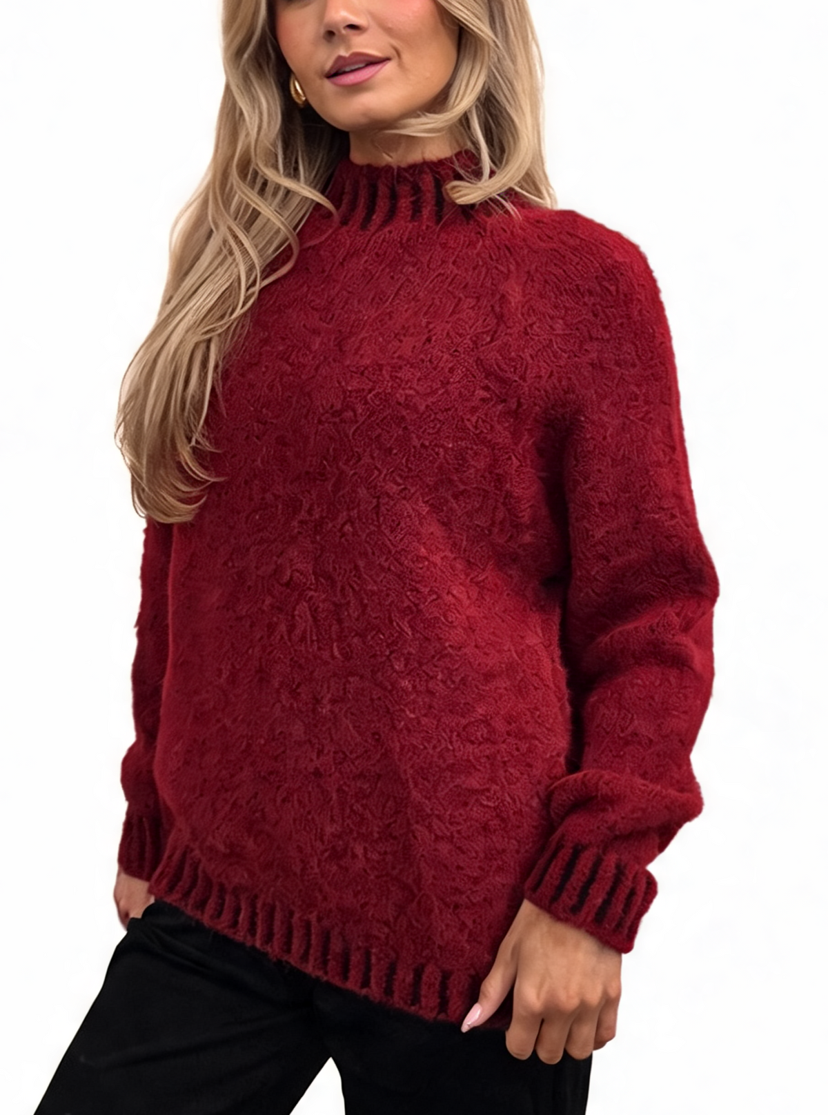 Textured Knit Jumper with High Neck & Striped Ribbed Trim
