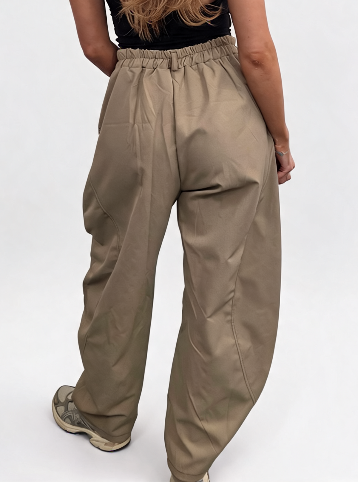 High Waisted Barrel-Curved Leg Contrast Stitch Baggy Cotton Twill Pants with Pockets