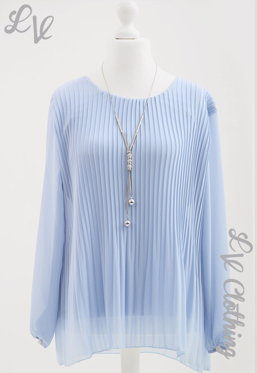 Ladies Pleated Long Sleeve Blouse With Necklace Light Blue - Unit Price £8.99