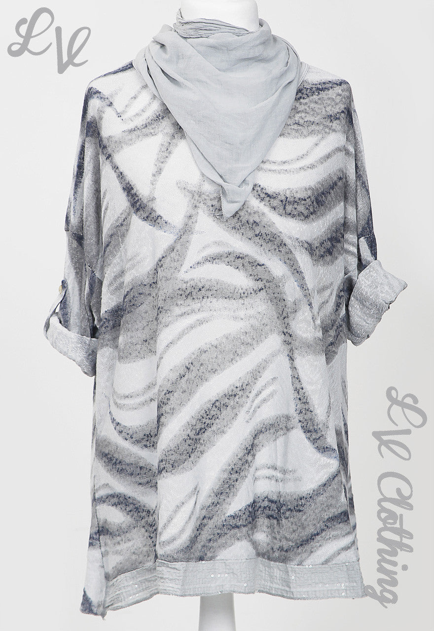 Ladies Swirl Print Scarf Top Grey - Unit Price £11.99