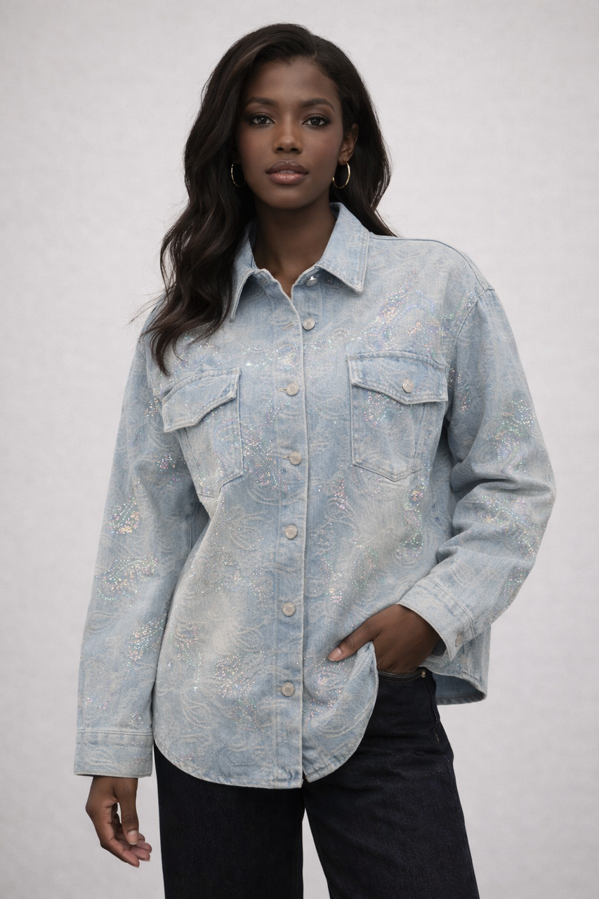 Versierd denim overshirt met iriserend detail - Licht denim