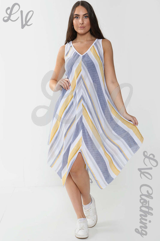 Sleeveless striped V-neck dress with asymmetrical hem, blue, yellow, and white
