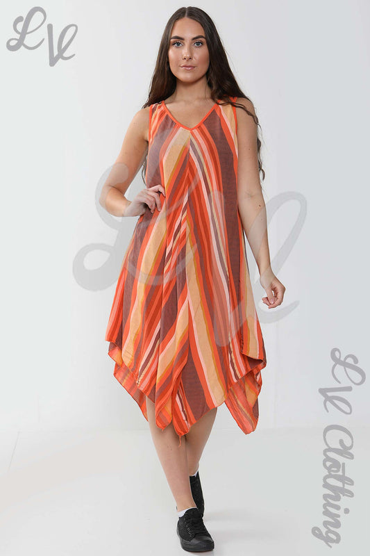 Orange sleeveless striped dress, V-neck and asymmetrical ruffle hem, midi length