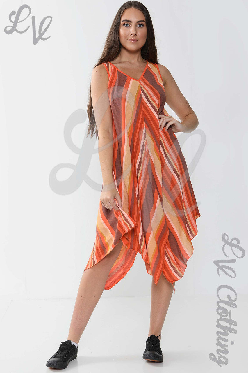 Ladies Mix Stripe Sleeveless Dress Orange - Unit Price £10.99