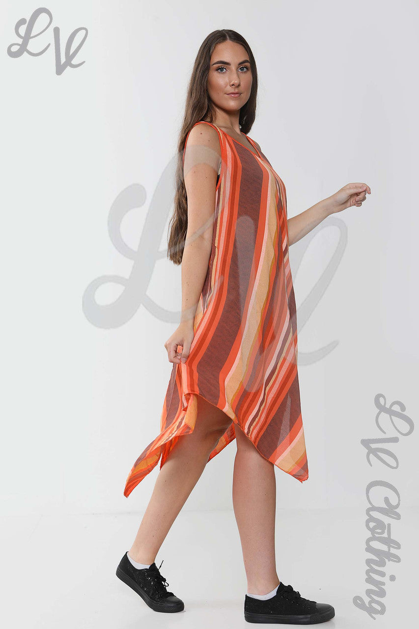Ladies Mix Stripe Sleeveless Dress Orange - Unit Price £10.99