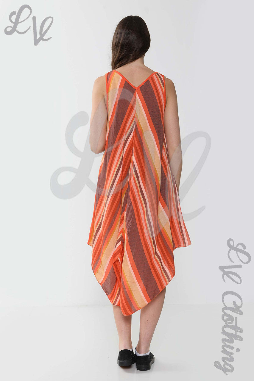 Ladies Mix Stripe Sleeveless Dress Orange - Unit Price £10.99