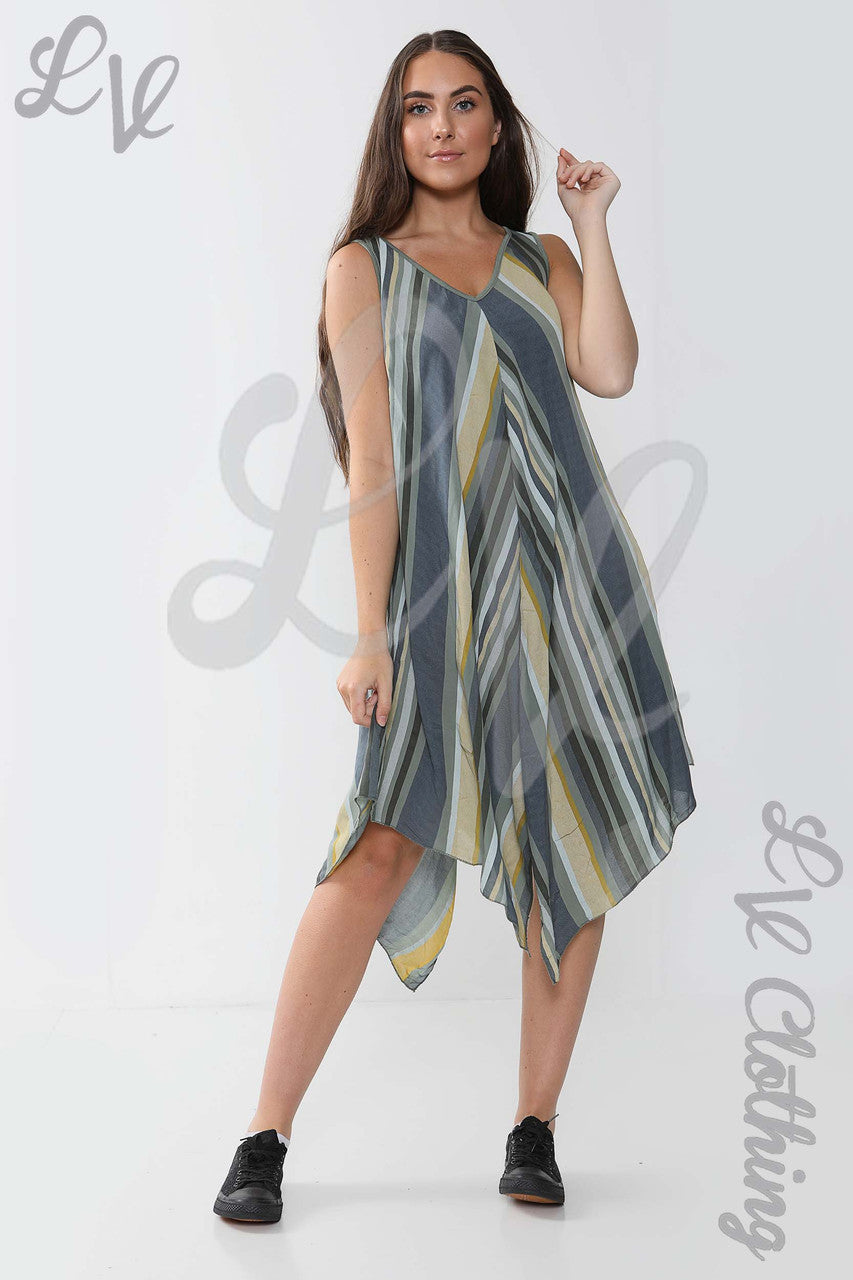 Ladies Mix Stripe Sleeveless Dress Khaki - Unit Price £10.99