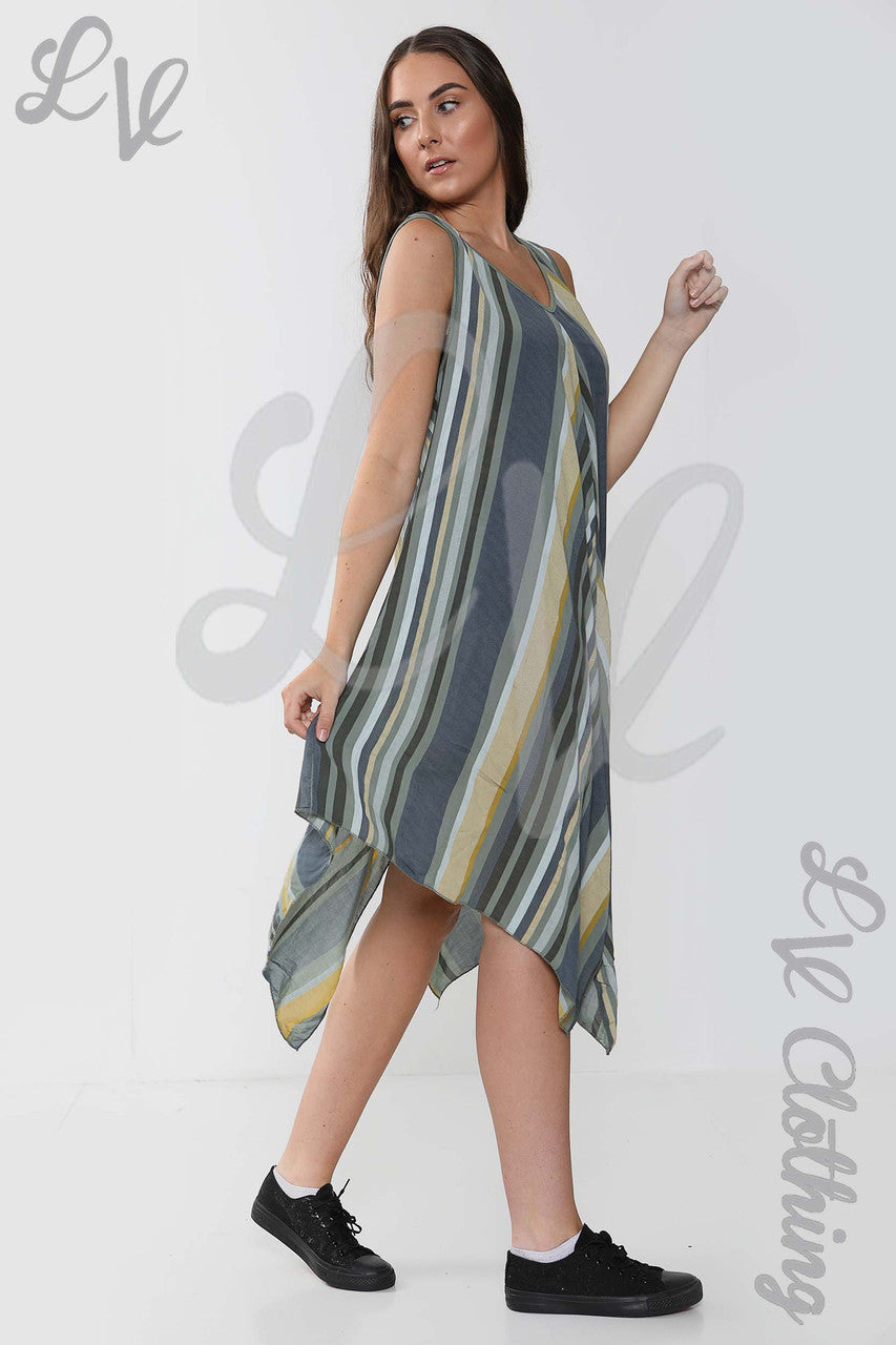 Ladies Mix Stripe Sleeveless Dress Khaki - Unit Price £10.99