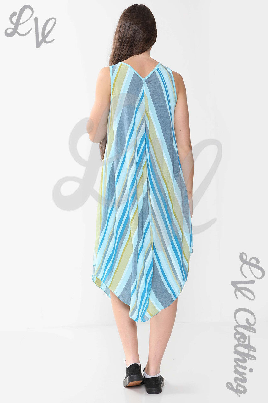Ladies Mix Stripe Sleeveless Dress Turquoise - Unit Price £10.99
