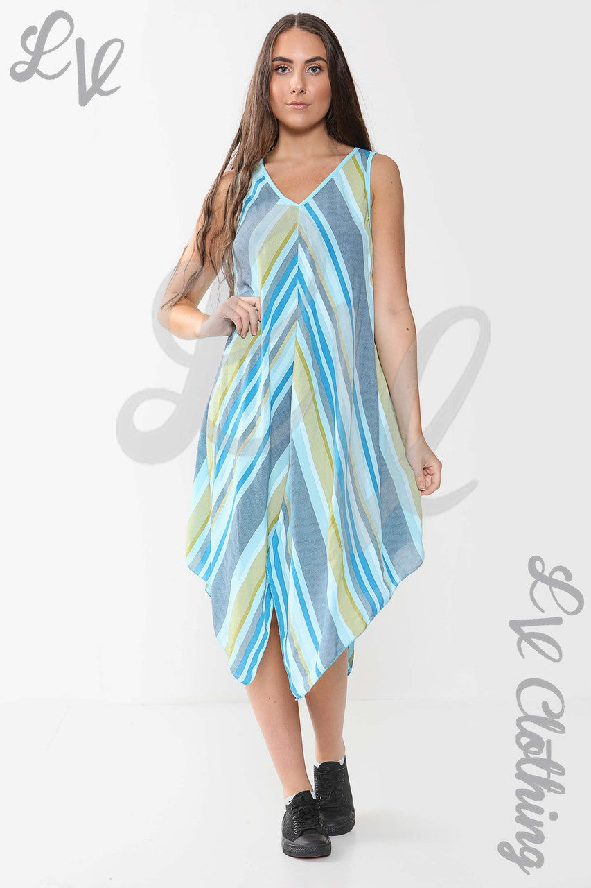 Ladies Mix Stripe Sleeveless Dress Turquoise - Unit Price £10.99