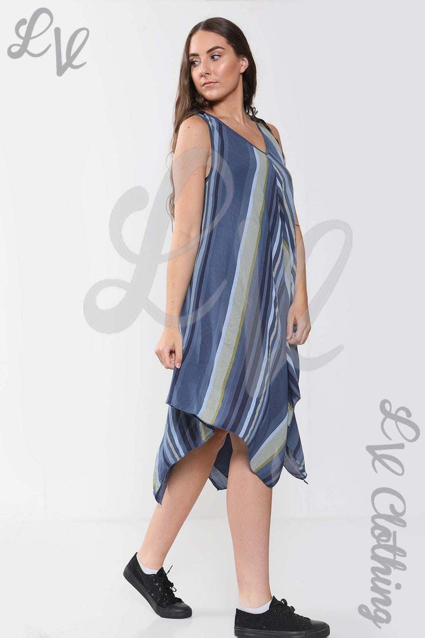 Ladies Mix Stripe Sleeveless Dress Navy - Unit Price £10.99