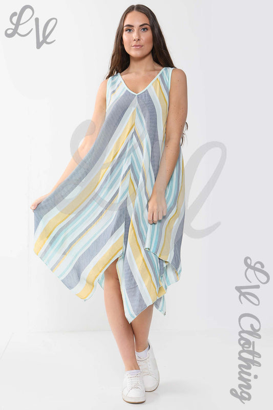 Sleeveless V-neck striped dress in mint and blue with yellow accents and waterfall hem