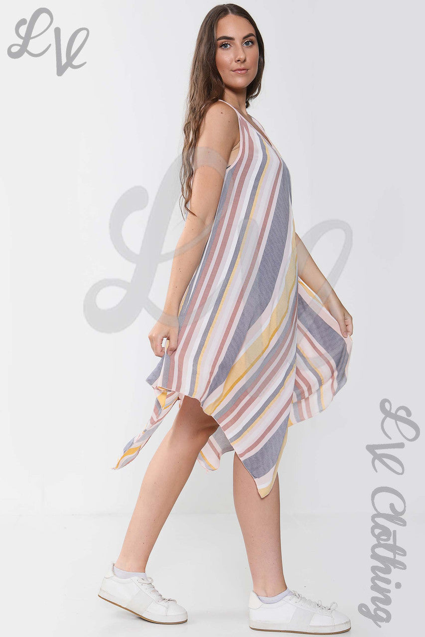 Ladies Mix Stripe Sleeveless Dress Dusty Pink - Unit Price £10.99