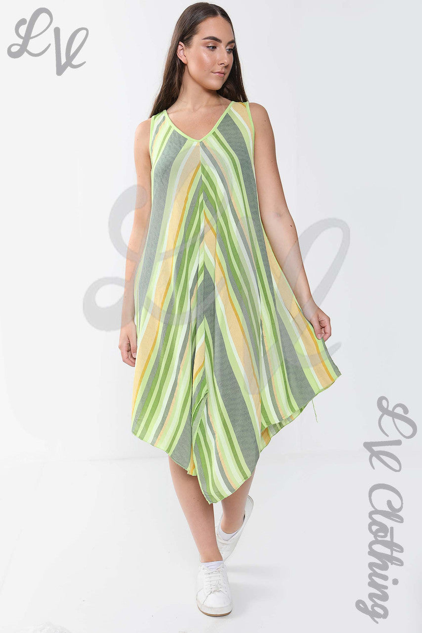 Ladies Mix Stripe Sleeveless Dress Lime - Unit Price £10.99