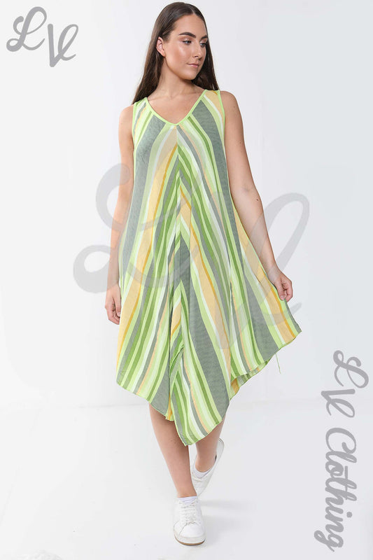 Sleeveless striped dress in lime green and white, asymmetric hem, V-neck