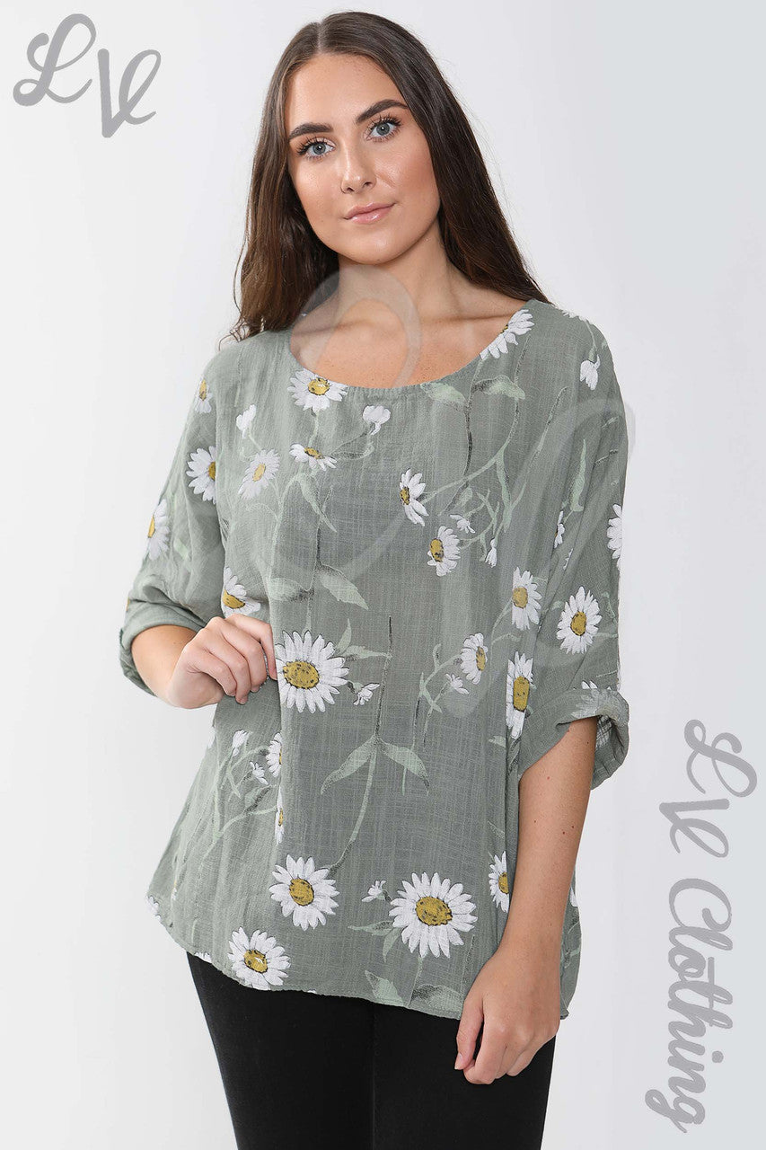 Kopie van Dames Daisy Stem Print Top Kaki - Stukprijs €9,99