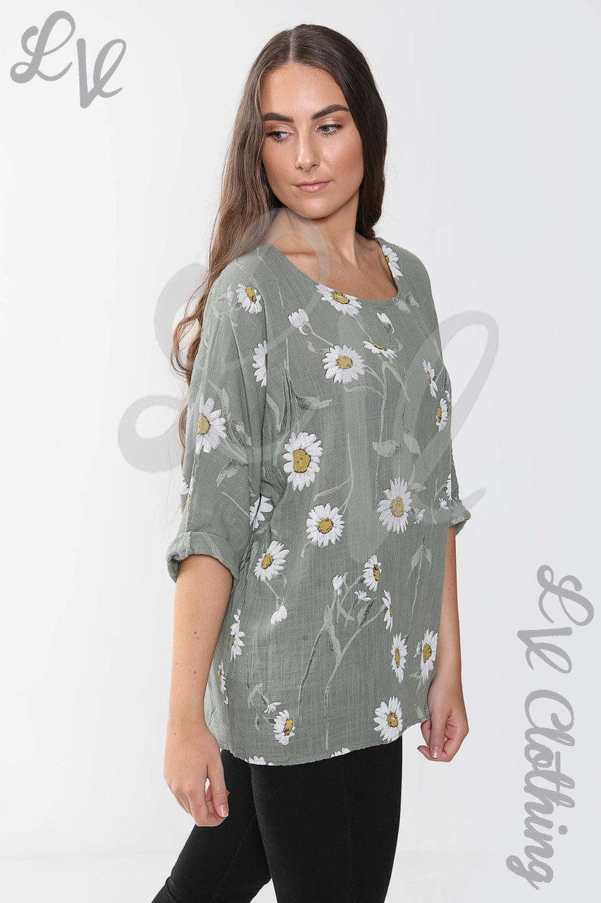 Kopie van Dames Daisy Stem Print Top Kaki - Stukprijs €9,99
