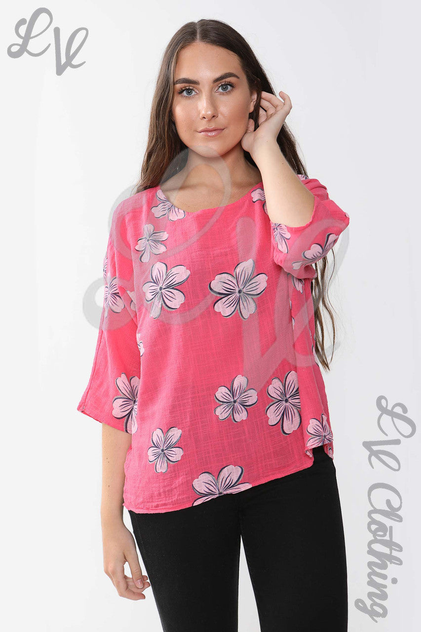 Ladies Daisy Print Top Cerise - Unit Price £9.99