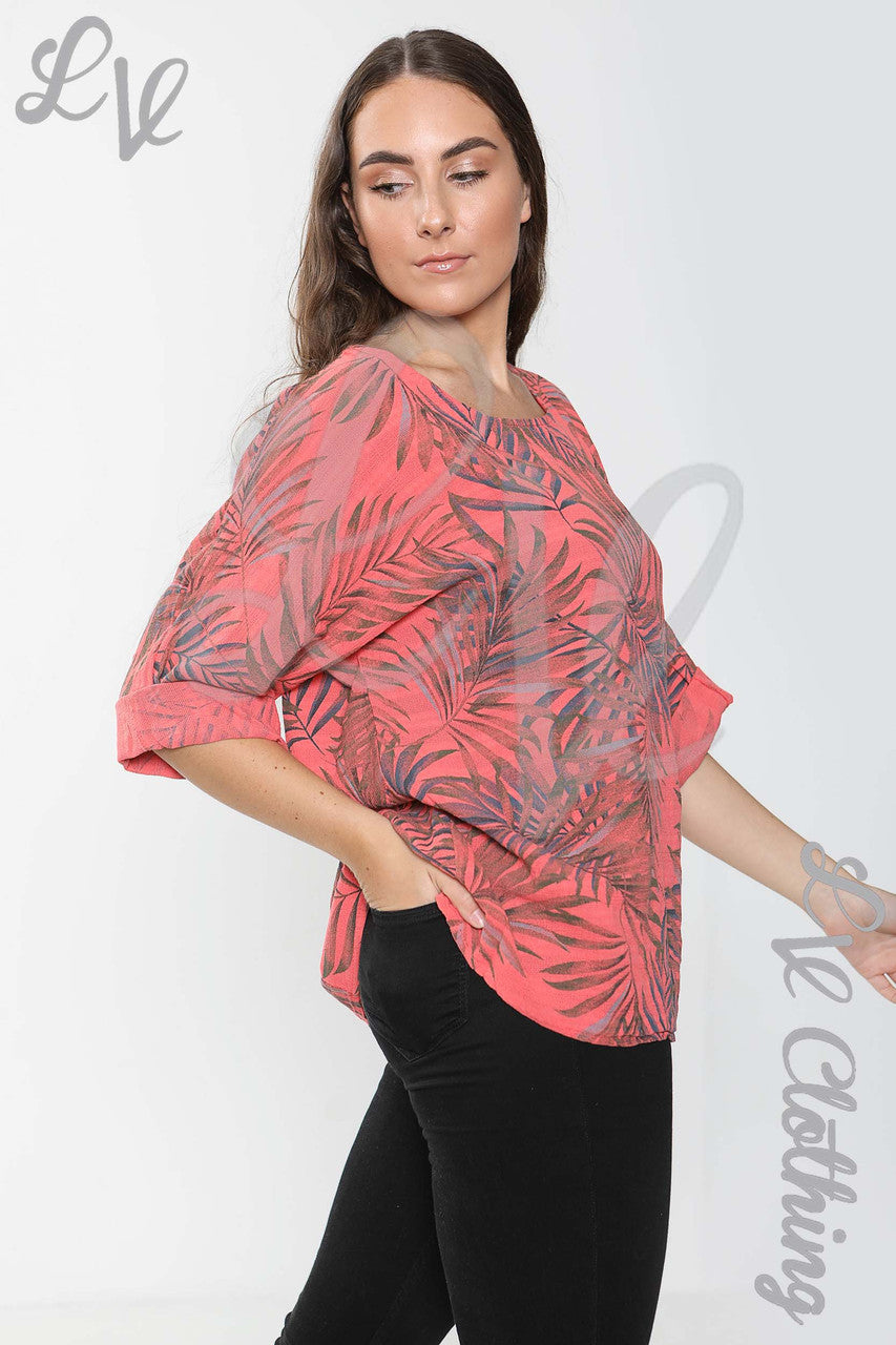 Ladies Palm Leaf Print Top Coral - Unit Price £10.99