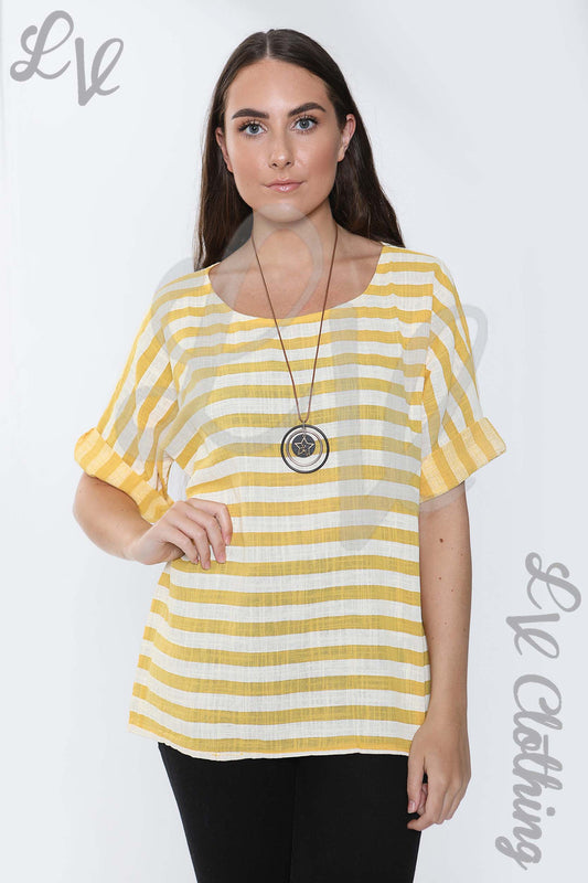Mustard and white striped wide-neck short-sleeve top with loose fit