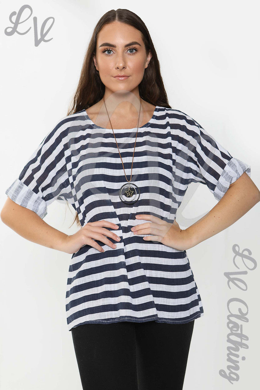 Ladies Wide Stripe Top White/Navy - Unit Price £8.99