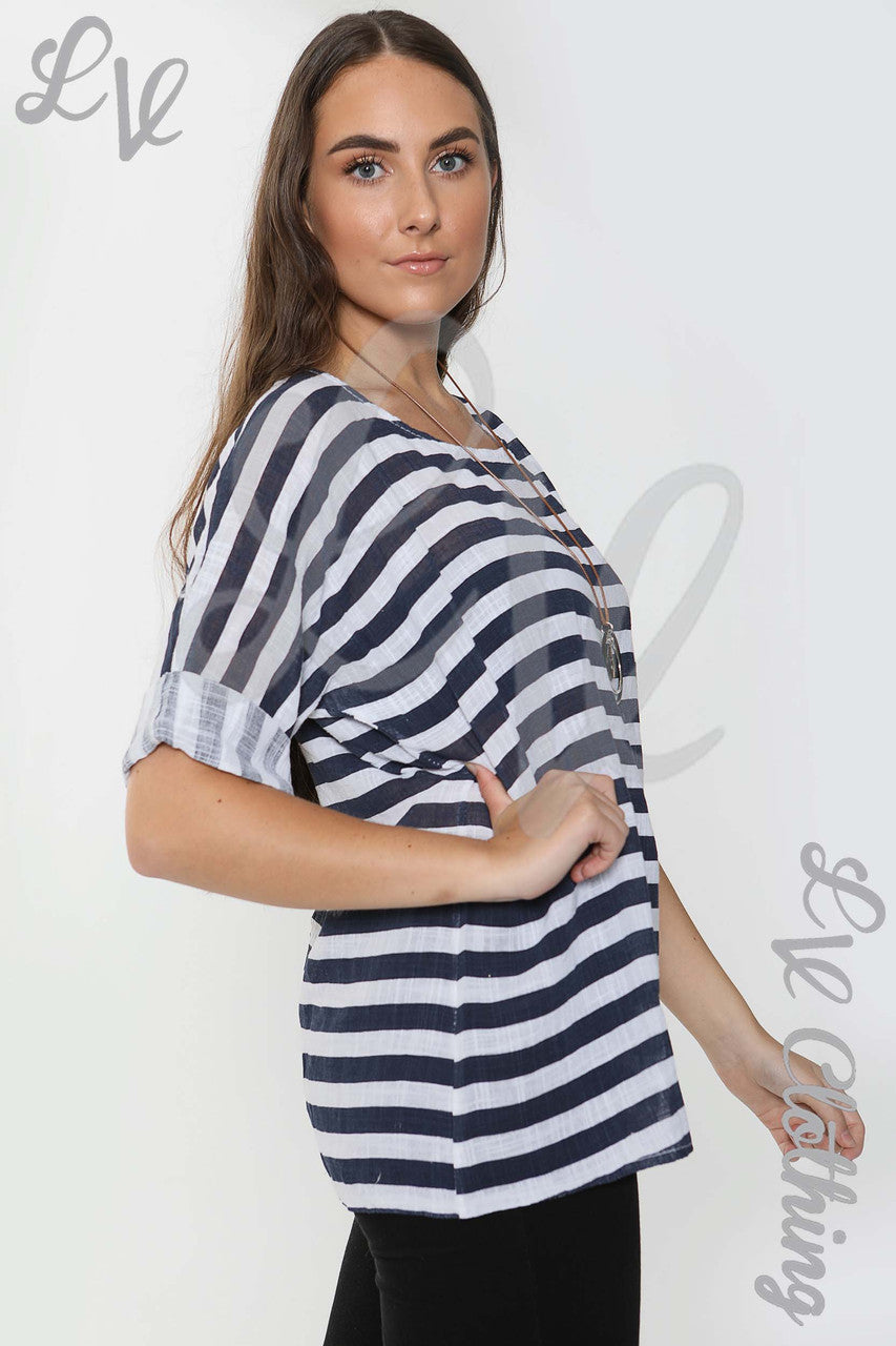 Ladies Wide Stripe Top White/Navy - Unit Price £8.99