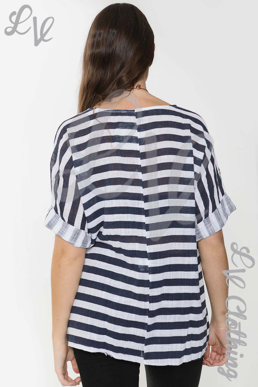 Ladies Wide Stripe Top White/Navy - Unit Price £8.99