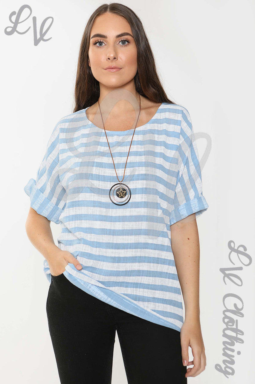 Ladies Wide Stripe Top Light Blue - Unit Price £9.99