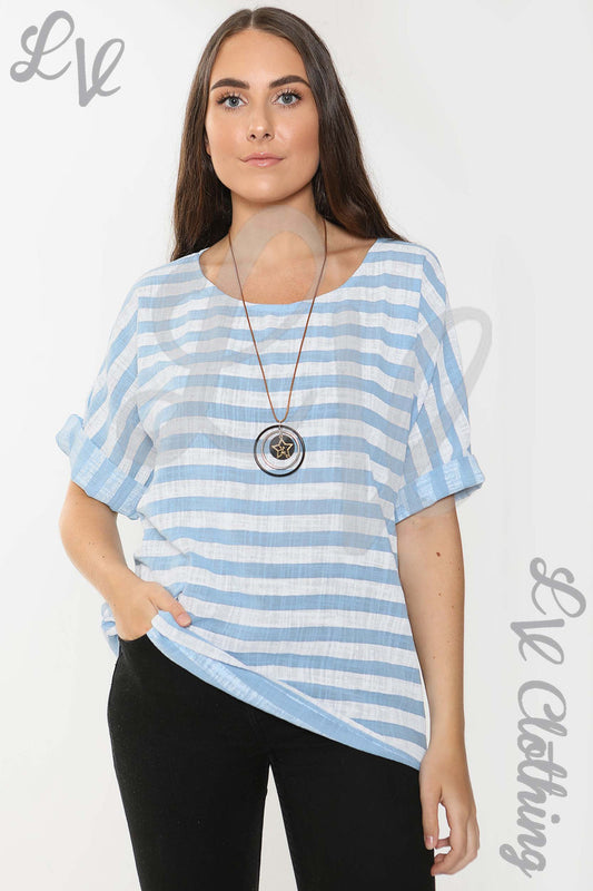Ladies wide stripe top, light blue and white horizontal stripes, short batwing sleeves