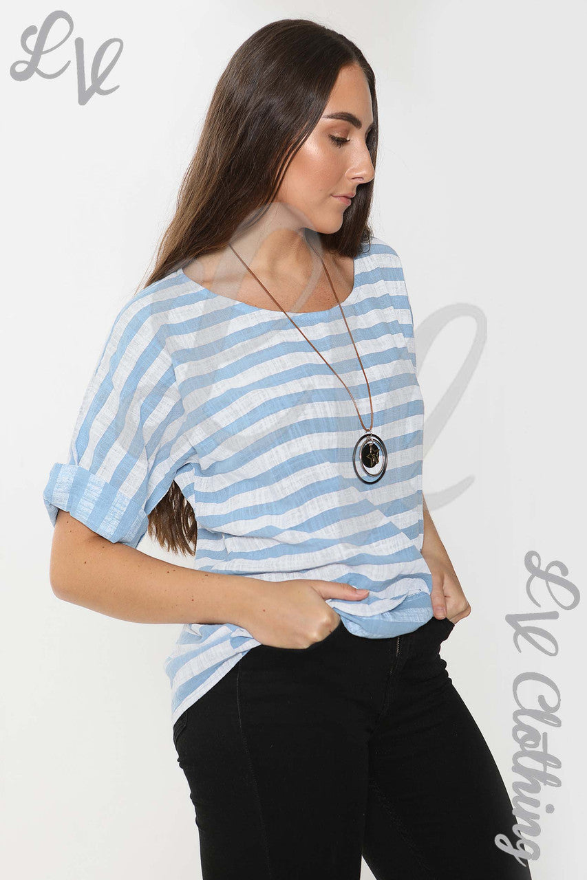 Ladies Wide Stripe Top Light Blue - Unit Price £9.99